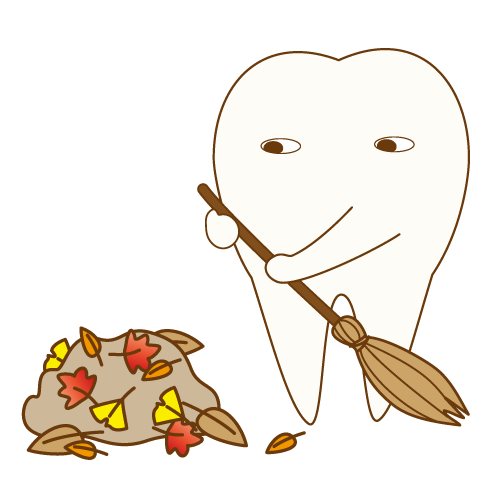 落ち葉集めをする歯のキャラクター