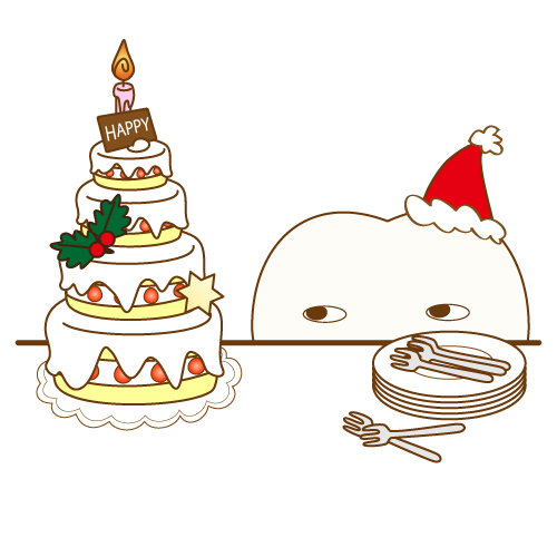 クリスマスケーキを見つめる歯のキャラクター