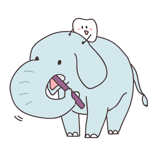 歯のキャラクターと動物の歯磨き（ゾウ）