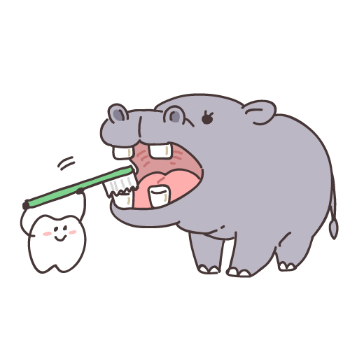 歯のキャラクターと動物の歯磨き（カバ）